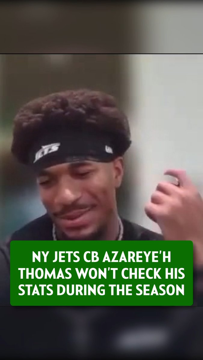 A close-up of NY Jets player Azareye'h Thomas, wearing a black headband and durag, with a green caption reading 'NY JETS CB AZAREYE'H THOMAS WON'T CHECK HIS STATS DURING THE SEASON'.