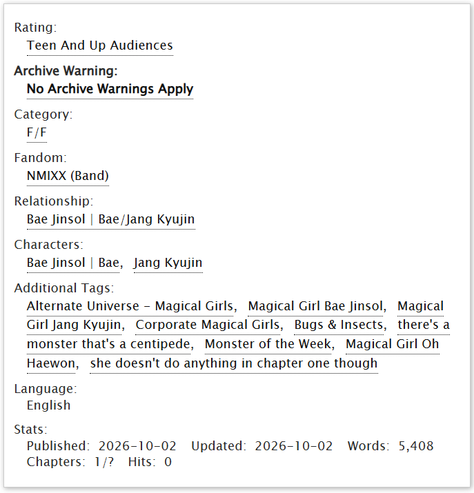 hu_li_hu_tu's tweet photo. i wrote a bizarre corporate magical girl au! bae jinsol/jang kyujin. jinsol POV. 5.4k words.  https://t.co/Azz2JPfx8B

(i am trying a new thing called "not holding back fics for months until i think they're perfect" and just throwing them on ao3 instead) https://t.co/ms3TJAspbW