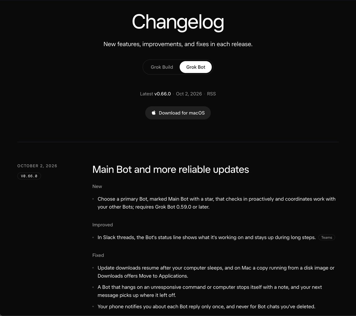 techdevnotes's tweet photo. SpaceXAI website now has Grok Bot Changelog https://t.co/Iftq9FExT1