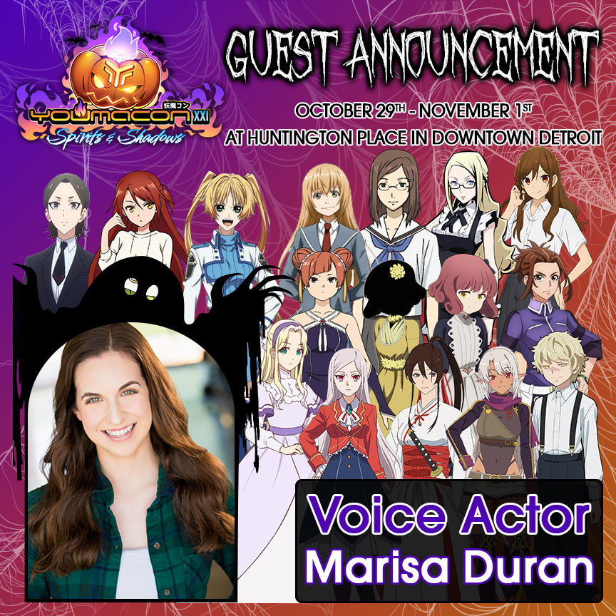 Youmacon's tweet photo. Please welcome @marisaduran_ to Youmacon!

Marisa Duran is a theatre and film actor turned voice actor who is most well known for providing the English voice of Kyoko Hori in “Horimiya” and Sagiri in “Hell’s Paradise.” She also voices Laufen in “Frieren,” Angelica in “The Ossan Newbie Adventurer…,” Silk in “I Left My A-Rank Party…,” Megumi in “Shangri-La Frontier,” Misha in “I’m in Love With the Villainess,” and Eiko Kawasegawa in “Remake Our Life,” plus characters in popular titles like “One Piece,” “Solo Leveling,” and “Kaiju No. 8.”

In addition to their work in anime, Marisa voices in multiple original animated series and video games, such as the otome game “Salvus: Aries,” the indie animated series “Skobeloff Forest,” and the fighting game “Diesel Legacy.”

Whenever she’s not rehearsing or recording, she’s likely playing video-games, enjoying a cup o’ coffee, or coming up with bad puns.