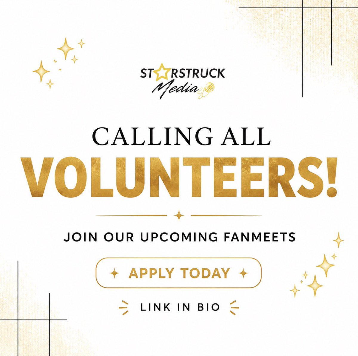 StarStruckMedia's tweet photo. ⭐ VOLUNTEER APPLICATIONS ARE NOW OPEN! ⭐

Want to join the Starstruck Media team behind the scenes at our upcoming October fanmeetings? We’re looking for volunteers in NYC & Orlando!

📍 Oct. 17 | YinWar — New York City 📍 Oct. 21 | YinWar — Orlando 📍 Oct. 24 | NgernOat — Orlando

Volunteers must be 18+, available for the full event day, and have reliable transportation. No experience is required, but event experience is a plus!

https://t.co/TrmO7CycHJ

⏰ Applications close October 7 at 11:59 PM ET.

 ⭐

#SSMEvents