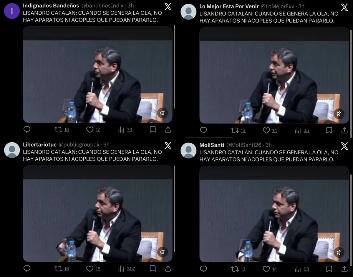 riosguadaok's tweet photo. 🚨 LOS TROLLS DE CATALÁN. Entre todas las cagadas recientes de @catalanlisandro, hace un rato se mandó la más evidente… a falta de apoyo real, se puso a COMPRAR TROLLS. Al menos 15 cuentas de X salieron AL MISMO TIEMPO con el MISMO TEXTO y el MISMO VIDEO 🤦🏻‍♂️ 

#TrollsDeCatalan https://t.co/zydJVD1pJf