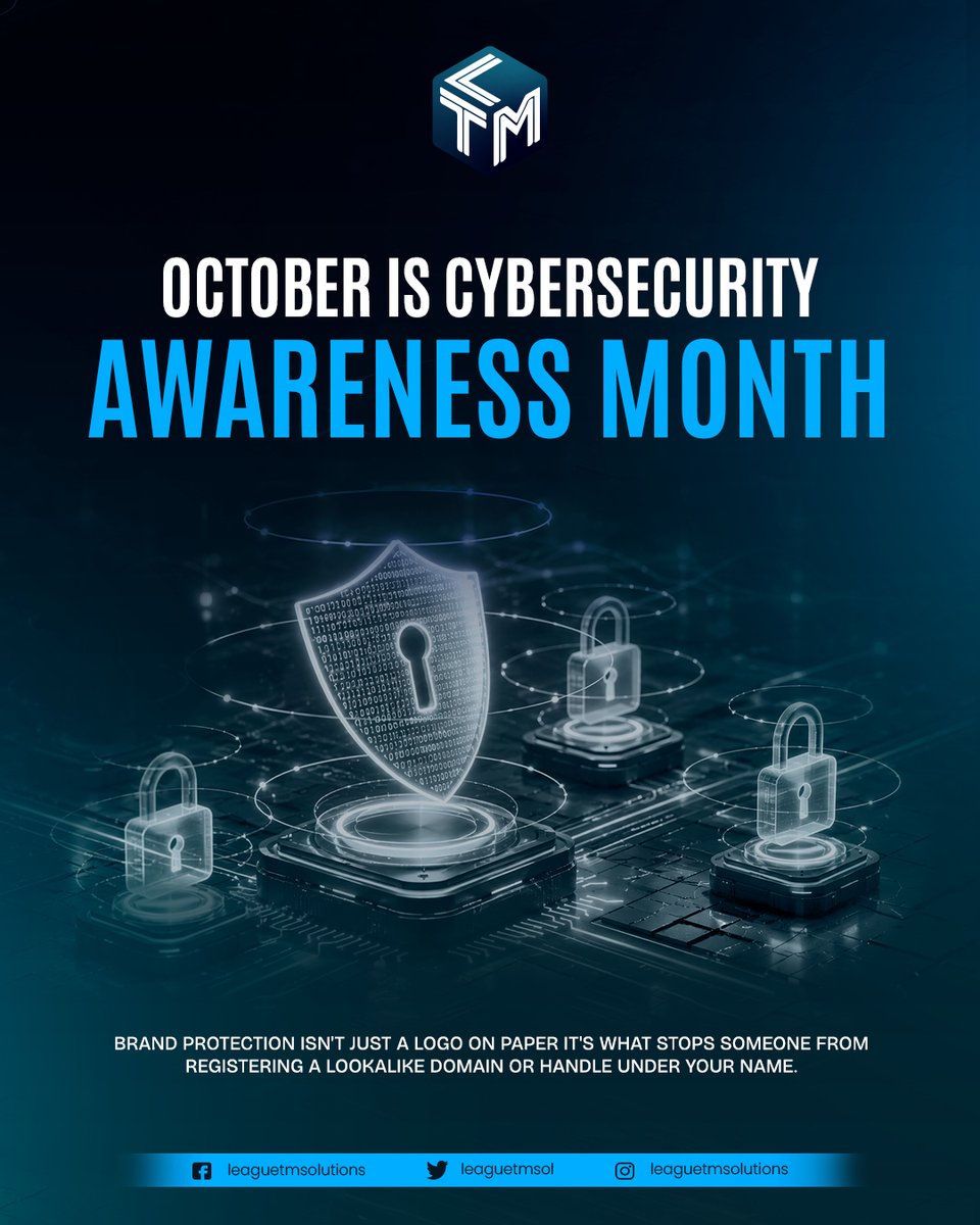 leaguetmsol's tweet photo. October is Cybersecurity Awareness Month. 

Brand protection isn't just a logo on paper, it's what stops someone from registering a lookalike domain under your name. 🛡️

#LeagueTMSolutions #CybersecurityAwarenessMonth https://t.co/4XXBfA7XUh