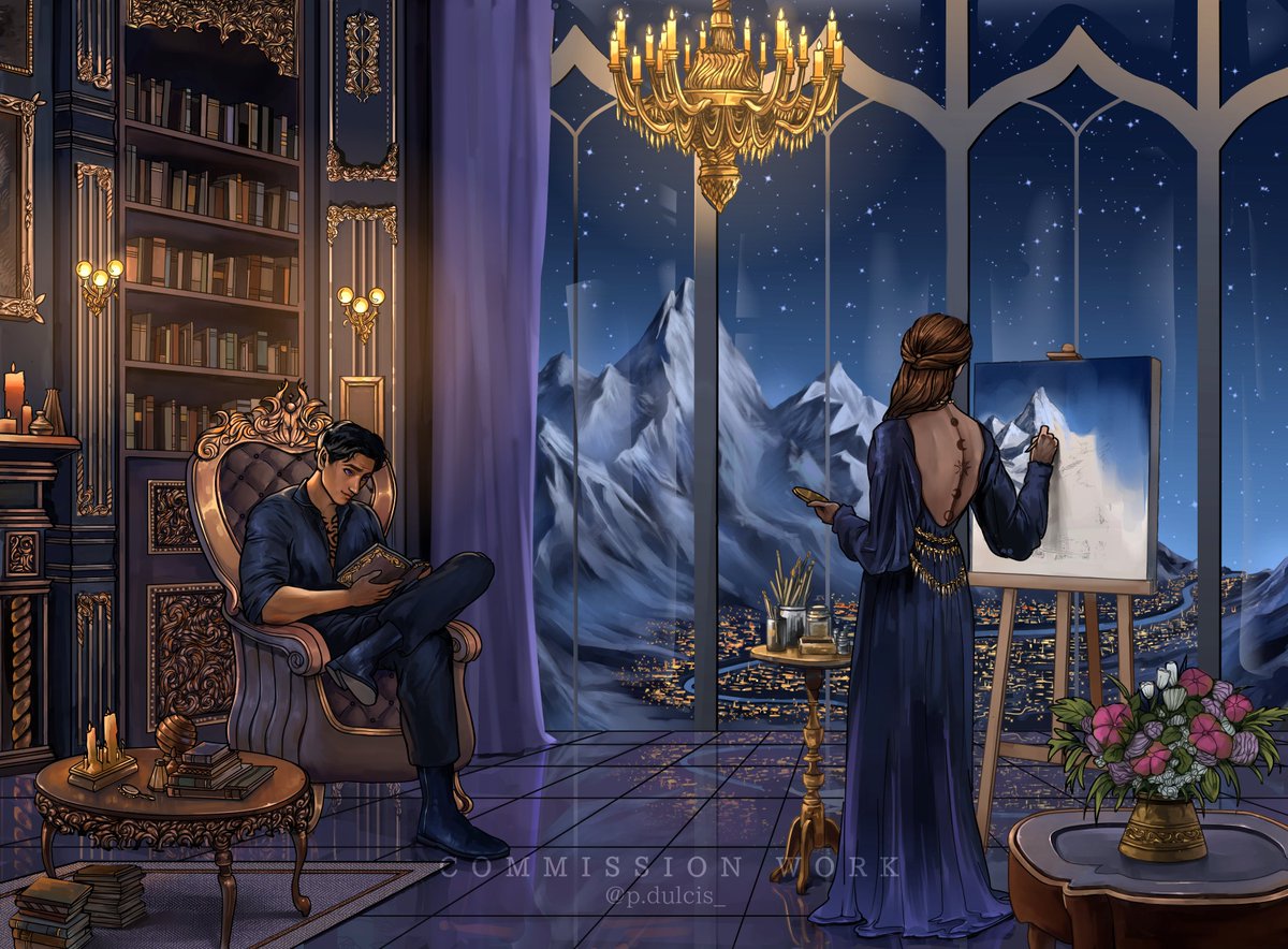 p_dulcis's tweet photo. 𝗛𝗢𝗠𝗘 — 𝐂𝐎𝐌𝐌𝐈𝐒𝐒𝐈𝐎𝐍 𝐖𝐎𝐑𝐊

Feyre painting the view of Velaris while Rhysand gets distracted from his book by something far more interesting. I absolutely loved getting to illustrate this little glimpse into the quiet, cozy moments of their life together. 

#acotar https://t.co/KaYRhJrukp
