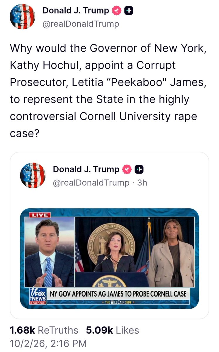 paidprotestr's tweet photo. Gee, Donald. Maybe because she knows something about a gang rapist? Oh, I wasn't talking about Trump and Jeffrey Epstein. No, that could never be right. Donald is as innocent as the snow is white. Wait a minute, what did he do to Snow White?

#James #LetitiaJames #Hochul #Cornell #rape
