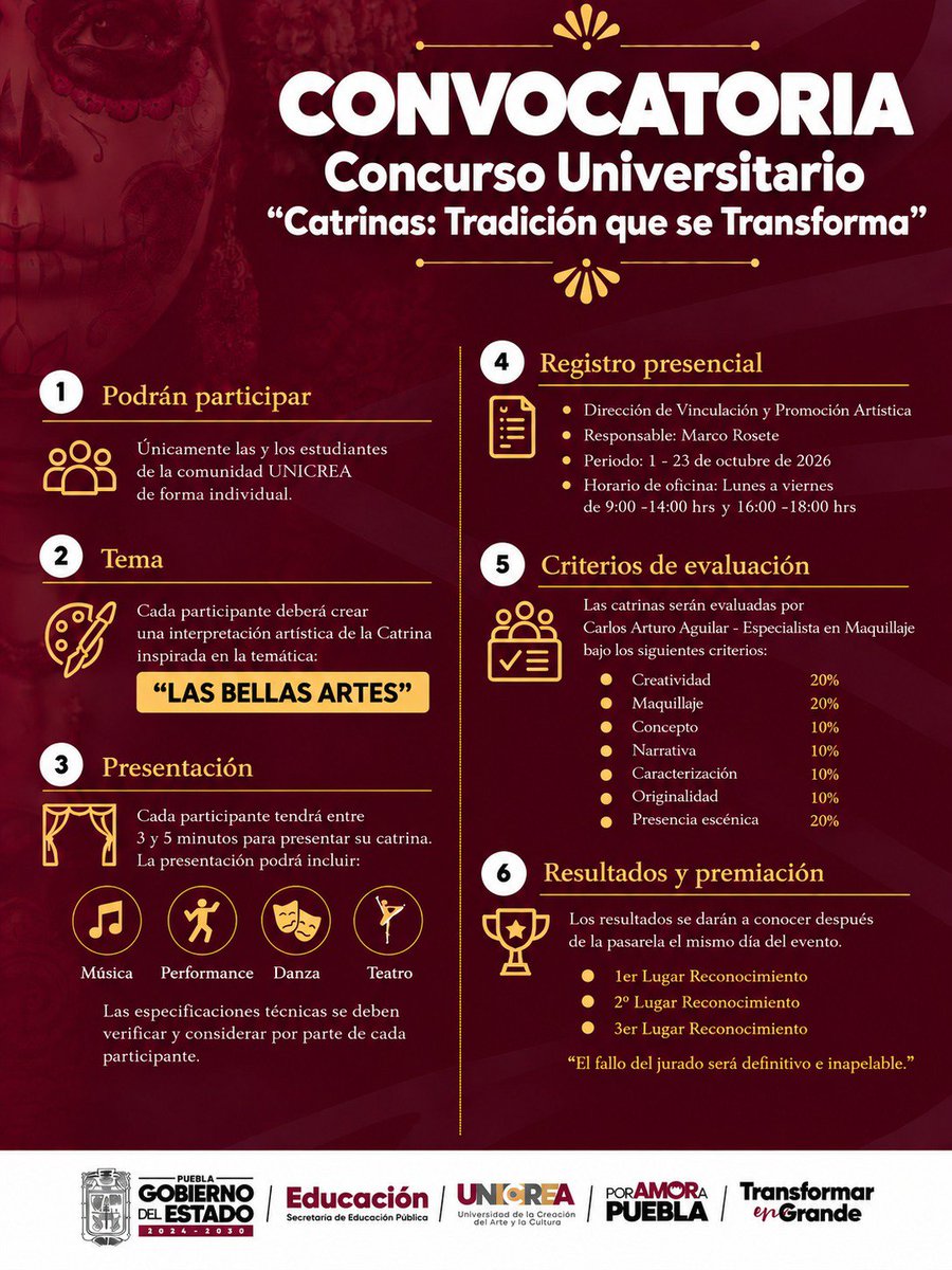 UNICREAPue's tweet photo. 🎭✨ ¡Tu talento merece brillar!🤳🏻

 Participa en la convocatoria del Concurso Universitario "Catrinas: Tradición que se Transforma" 💀 ¡Sorprende y deja huella!

✅En el @Gob_Puebla impulsamos el arte, la cultura para construir un mejor futuro.

#PorAmorAPuebla #SomosUNICREA https://t.co/0QQ2WuD1Pu