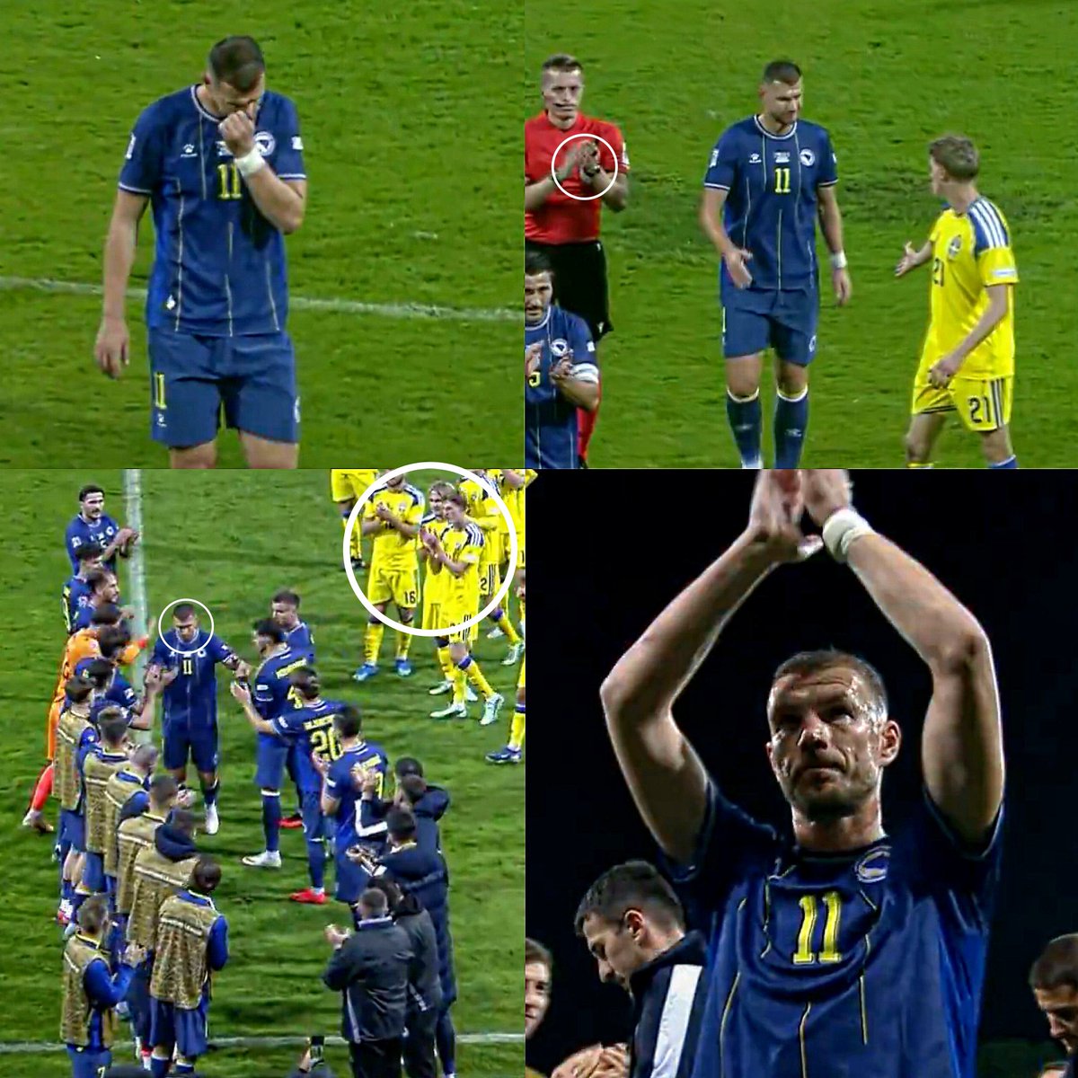 Juezcentral's tweet photo. Bosnia-Suecia hoy. El partido se detiene completamente. Árbitro y jugadores de ambos equipos se van al costado. Todos, a aplaudir a Edin Dzeko que sale de cambio en su último partido con Bosnia.

Sus compañeros le hacen pasillo y aplauden hasta el árbitro y los jugadores suecos. Con 40 años y más de 450 goles se va la leyenda bosnia. Así se despide a una leyenda. 

Honor a quien honor merece 💙