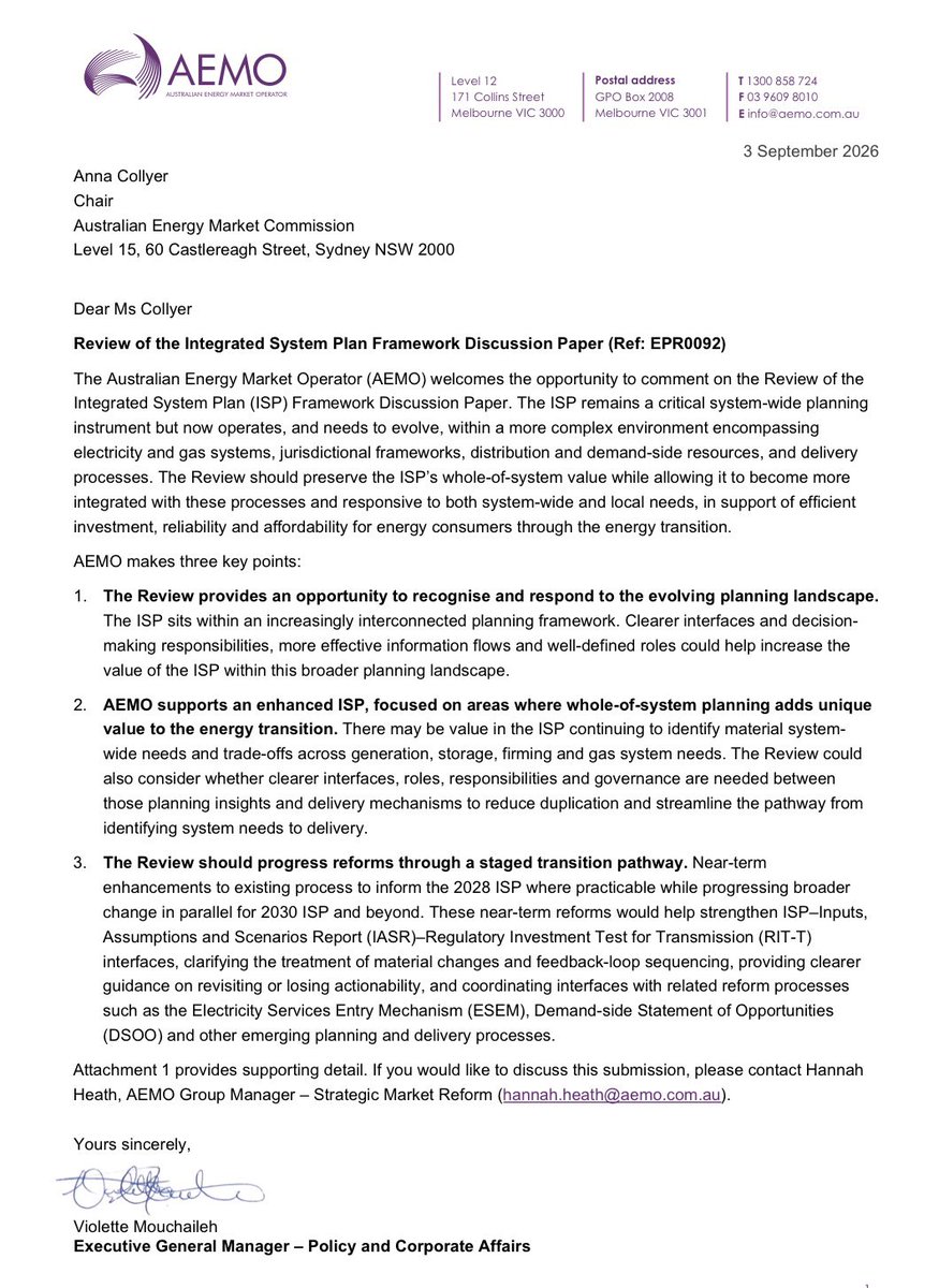 EnergyWrapAU's tweet photo. AEMO’s ISP serves no purpose apart from promoting propaganda and vested interests of the renewables industry.

Central planning regional transmission projects from an ideological HQ in Melbourne is obviously not in each state’s best interests.

AEMO’s submission to the AEMC regarding the ‘ISP review’ is an insight into the shallow self-importance afflicting the agency.

AEMO should have two primary roles - dispatch generators to balance grid frequency, handle the financial flows that result.

Secondary roles are to participate in technical aspects of grid connection applications, and also publish clean accessible non-confidential market data.

AEMO should have no planning role at all.

https://t.co/tB2G28PZzC