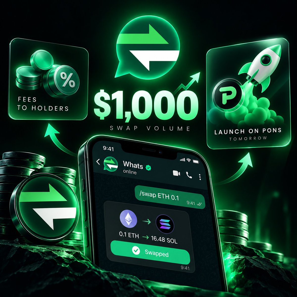 WhatsBotRH's tweet photo. Whats has crossed $1,000 in swap volume traded through the bot on @WhatsApp .

Remember, each trade has a fee which will be shared with holders.

Also, tomorrow we're adding support for launching on @ponsdotfamily  directly through WhatsApp. https://t.co/KzHjDVzhb3