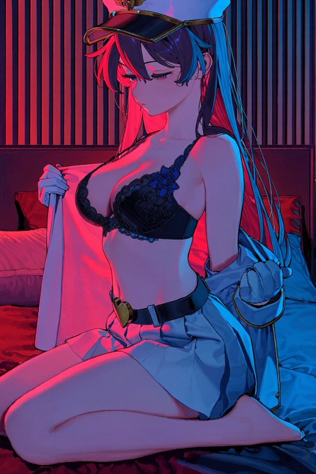 An anime character with long hair and a military-style cap sits on a bed in pink and blue lighting, wearing a black lace bra and shorts, with a heart-shaped belt buckle. The image depicts Bambietta Basterbine, a Sternritter from the manga series #BLEACH, as indicated by the accompanying post.