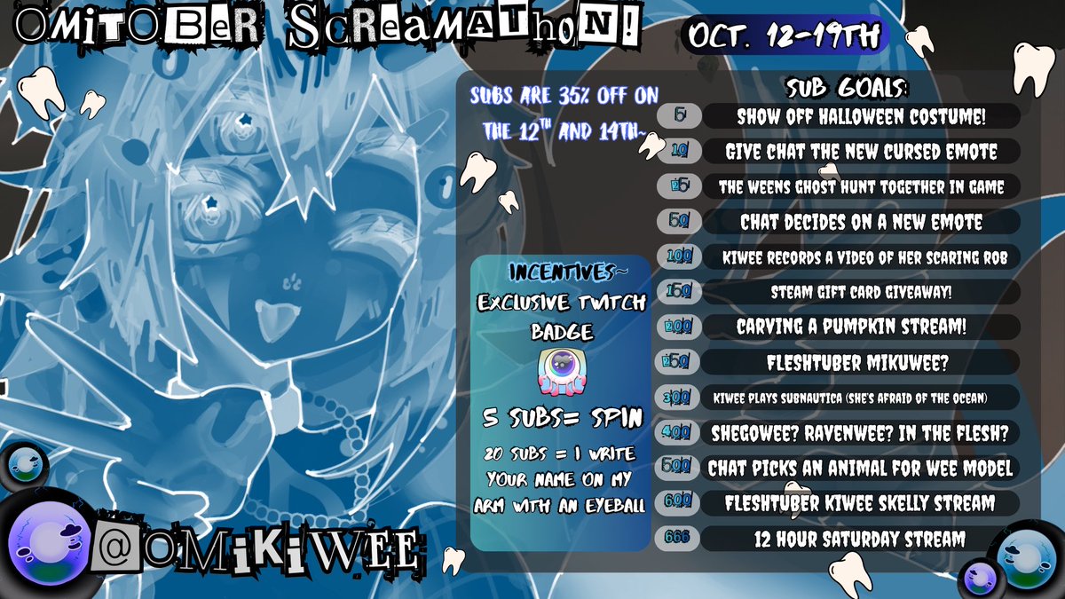 omikiwee's tweet photo. THE OFFICIAL POST FOR OMITOBER SCREAMATHON IS HERE! LOTS OF FUN THINGS IN STORE FOR US~  many horror games, scary videos and THE TRICKS AND TREATS WHEEL! 
(I’ll make sure to post the wheel when I get home from work~) 
We also have a new Halloween outfits to show off! 💕 #vtuber https://t.co/7caEcyL41d