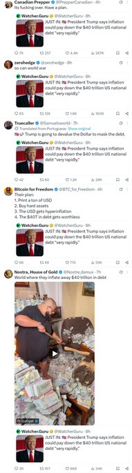 A Twitter/X feed showing multiple posts from WatcherGuru about the U.S. national debt hitting $40 trillion, featuring a retweet from TruthGuru, a post from Bitcoin for Freedom, and an image from Nostra_House of Gold showing a person lying on stacks of money.