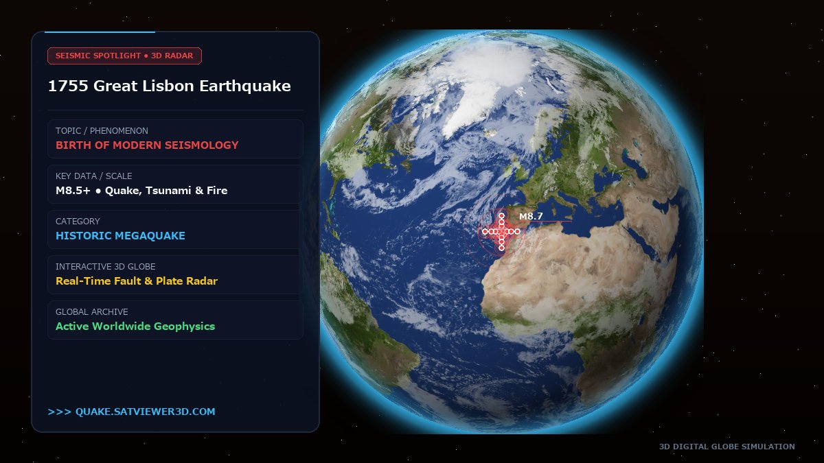 quakeviewer3d's tweet photo. 1755 Great Lisbon Disaster 🇵🇹
All Saints' Day catastrophe: violent shaking, 15m tsunami, and 5-day inferno! 🕯️🌊
💡 Trivia: Surviving reports helped launch the modern science of seismology.

Track live 3D globe (link in bio) 👆
#Lisbon1755 #Seismology https://t.co/Gc56G4DxeX