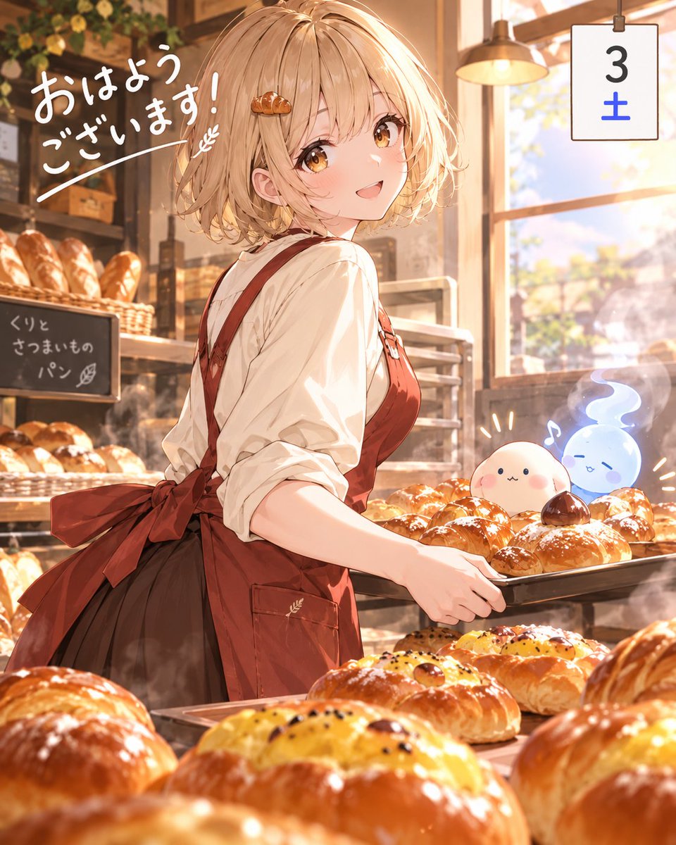 Ponunk_nunk's tweet photo. おはよ～(´▽`)

今日はゆっくりパンでも食べます🤤
何パンかって？昨日買ってきたサバ🐟パンです(笑)

皆さんは何パンが好きですか？

#ぽぬ絵
#AIart #AIイラスト 
「おはようございます！ 焼きたての幸せ、どうぞ♪」 https://t.co/oNe2lUpYeF
