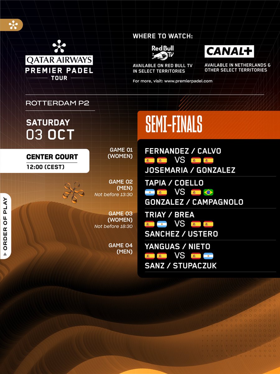 premierpadel's tweet photo. The weekend 𝐬𝐭𝐚𝐫𝐭𝐬, but the margin for error 𝐞𝐧𝐝𝐬 📉🔥

⏰ Swipe for timezones
📺 Where to watch: https://t.co/DBxy82KpM3 
📊 Livescores &amp; results:  https://t.co/58fHK5djfn 

#PremierPadel #RotterdamPremierPadelP2 https://t.co/3K3mZ6Bm8Y