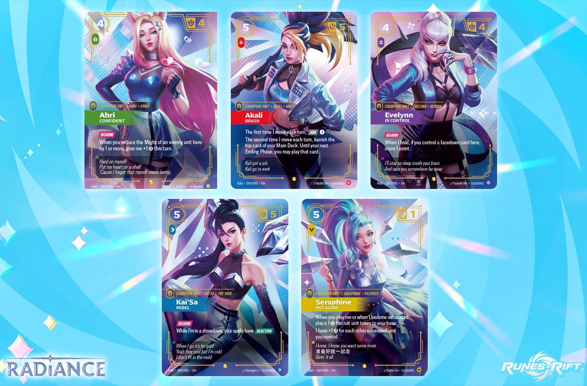 RunesAndRift's tweet photo. All 5 K/DA Alt Art Cards have now been revealed! ✨

#RBRadiance #KDA https://t.co/ZpVRiyKBR3
