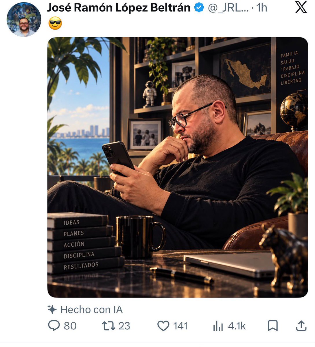 marcelcarrillog's tweet photo. Oiga, Don @RicardoBSalinas, ayer usted pedía una foto de la larva del bienestar @JRLB trabajando. Parece que ya le tomó la palabra; lástima que tuvo que ser una de IA, porque reales no existen. https://t.co/lLNtjQ7eCX