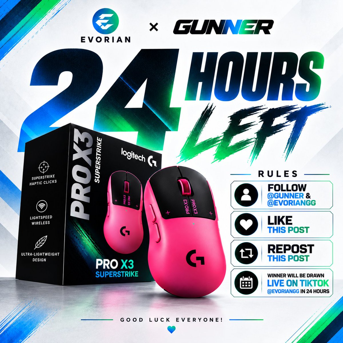 gunnergr1's tweet photo. 🚨FINAL 24 HOURS!🚨

This is your LAST CHANCE to enter the GUNNER x EVORIAN GIVEAWAY!🎁

One lucky winner will take home the Logitech G PRO X3 SUPERSTRIKE!🖱️🏆

Secure your entry now on the pinned post!!!📌

Good luck everyone!💛💜

#giveaway #logitech #fortnite https://t.co/4cQIqCmLaY