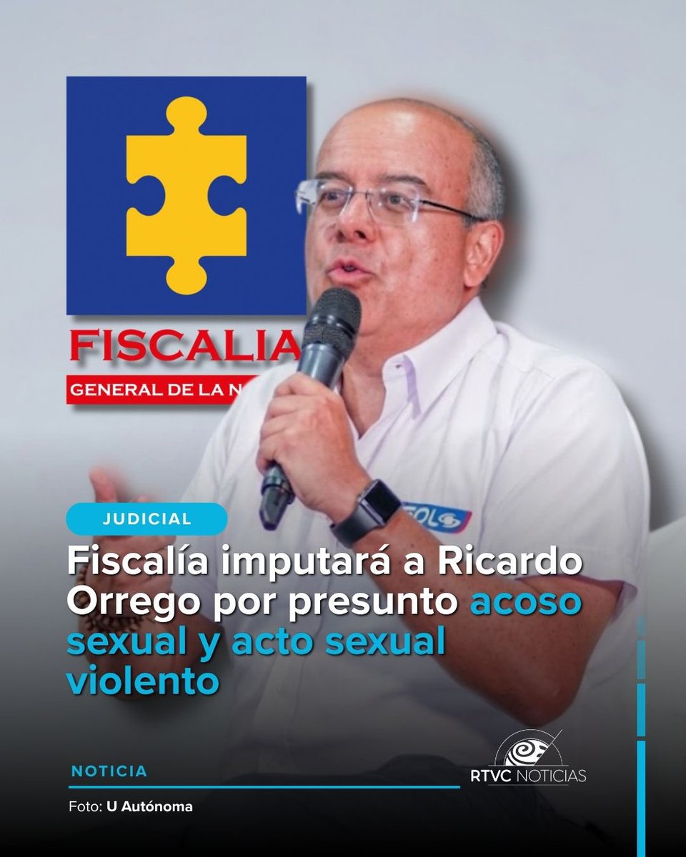 RTVCnoticias's tweet photo. #Judicial 📣 l La Fiscalía General de la Nación confirmó que imputará al periodista Ricardo Orrego por su presunta responsabilidad en los delitos de acoso sexual y acto sexual violento. Los hechos, denunciados por cinco mujeres, habrían ocurrido entre 2012 y 2024 durante su paso por Caracol Televisión.

La solicitud fue radicada por el Grupo de Tareas Especiales para investigar violencias basadas en género en el entorno de los medios, un proceso impulsado tras la ola de testimonios en redes sociales bajo las etiquetas #MeTooColombia y #YoTeCreoColega