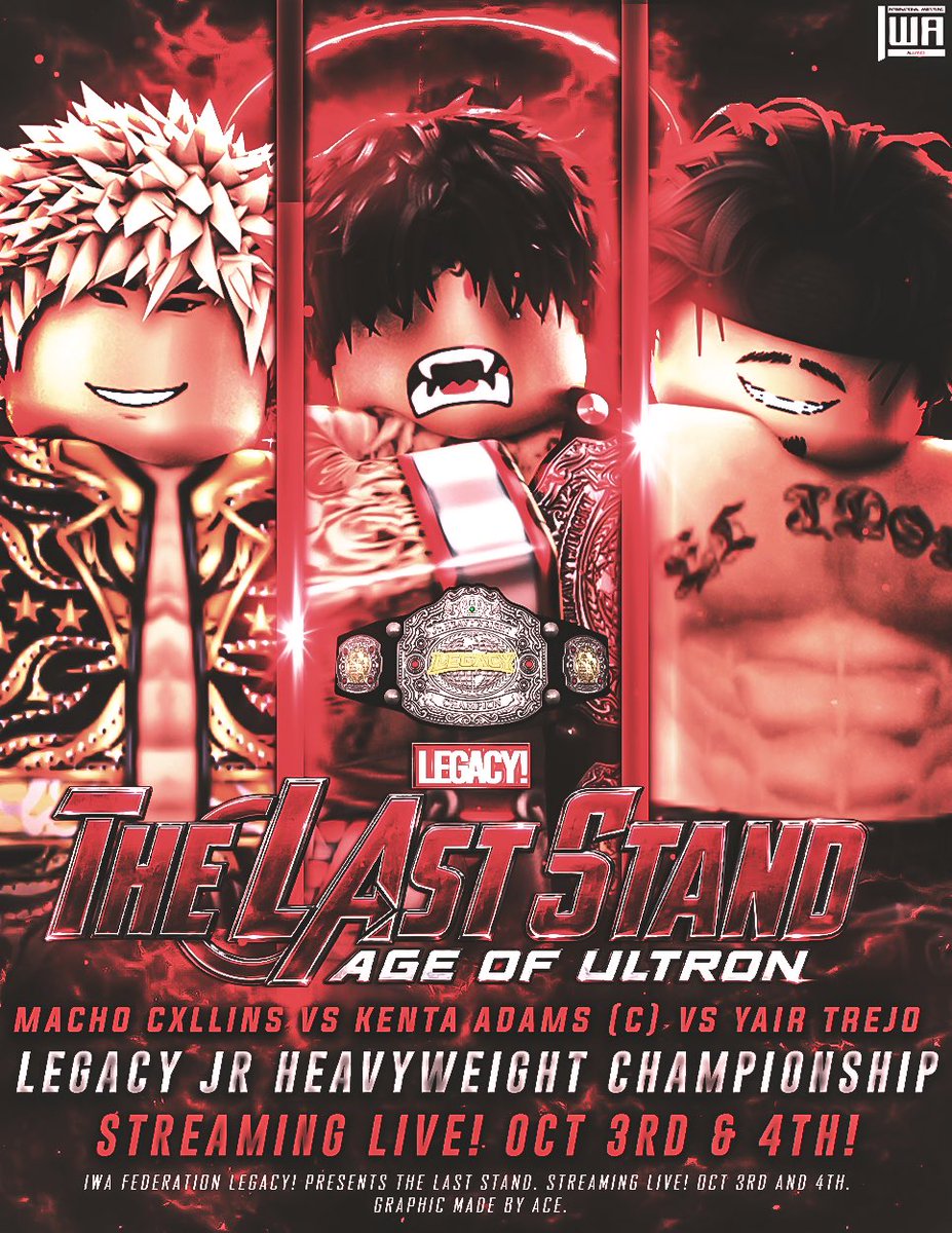 IWA_RBLX's tweet photo. A MATCH WITH EVERYTHING ON THE LINE. 🔥

After recently retaining his championship at #IWABeachBlast2026, @KOmegamanx39191 puts the LEGACY JR Heavyweight Championship on the line in a Triple Threat Match at @LEGACYONRBLX THE LAST STAND, where he will face @Mxchoo3x and @jyairtrejo! 🏆

Who will walk out as the face of the LEGACY JR Heavyweight Division?

Find out LIVE on October 3rd & 4th! 👀

#IWA2026