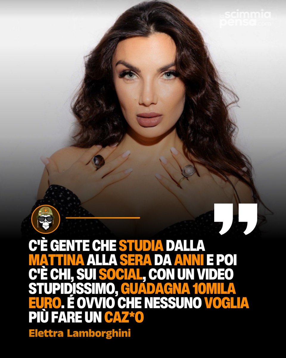 pixitnings3's tweet photo. Photo by LaScimmiaPensa. com on August 19, 2026. Text: “Some people study from morning to night for years, while others earn €10, 000 on social media with a silly video. Obviously, no one wants to do anything anymore. ” — Elettra Lamborghini https://t.co/VThR88JLcZ