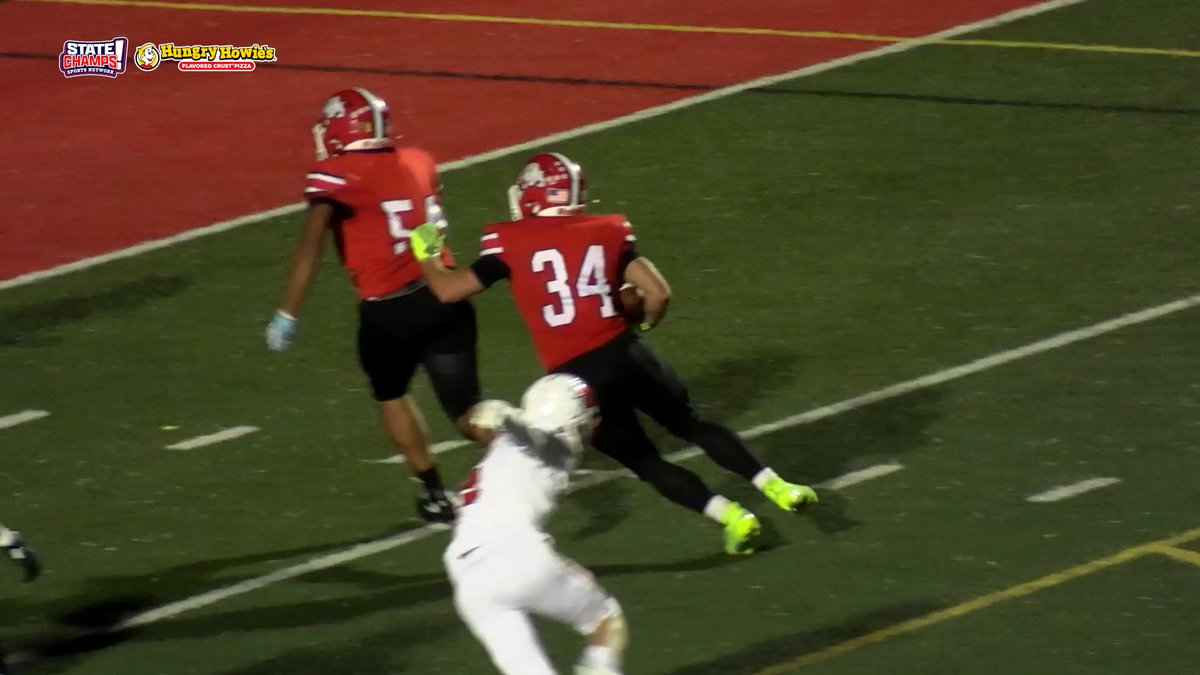 An American high school football game scene with players in red jerseys, one wearing #34 carrying the ball, while a "State Champs Sports Network" and "King of Howie's" logo appears in the upper left corner.