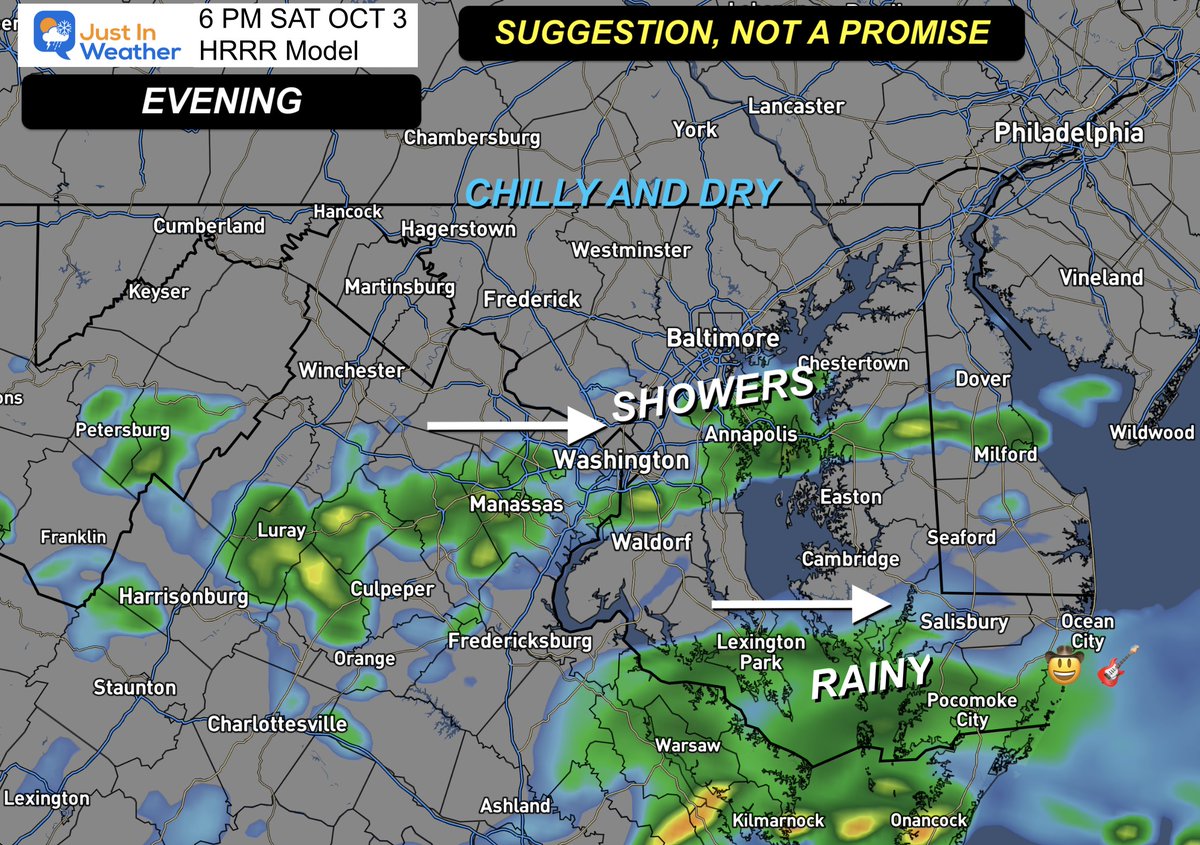 JustinWeather's tweet photo. 🌧️ The EXPECTATION for Saturday is the front to stall and keep the rain across Southern Maryland.

Annapolis may actually be on the edge... 

🚴 Seagull Century riders are likely to get wet between Salisbury and Assateague Island. 

🤠 🎸  Country Calling in Ocean City MD is also likely to be wet with rain showers all afternoon into the evening. 

🌧️ More rain will spread north on Sunday. Yes, this is still expecting to affect The Ravens Game.