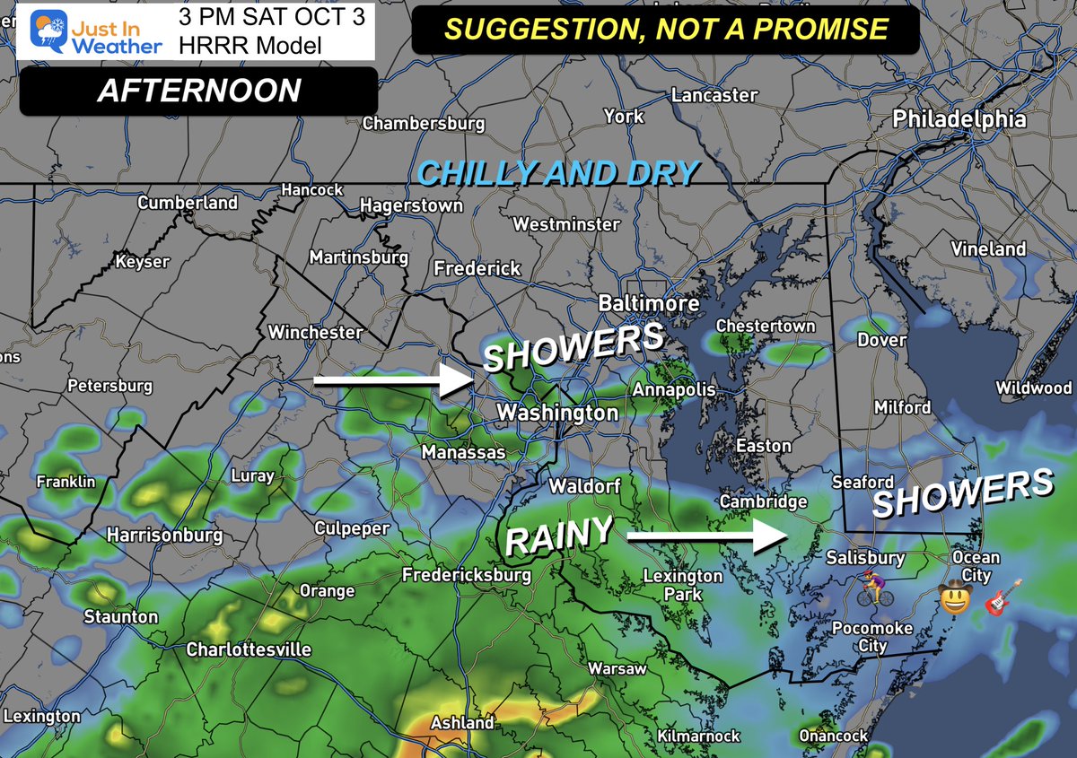 JustinWeather's tweet photo. 🌧️ The EXPECTATION for Saturday is the front to stall and keep the rain across Southern Maryland.

Annapolis may actually be on the edge... 

🚴 Seagull Century riders are likely to get wet between Salisbury and Assateague Island. 

🤠 🎸  Country Calling in Ocean City MD is also likely to be wet with rain showers all afternoon into the evening. 

🌧️ More rain will spread north on Sunday. Yes, this is still expecting to affect The Ravens Game.