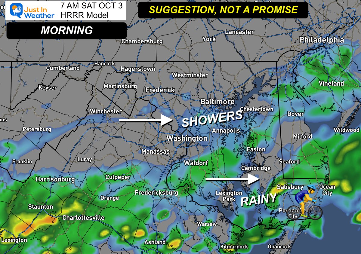 JustinWeather's tweet photo. 🌧️ The EXPECTATION for Saturday is the front to stall and keep the rain across Southern Maryland.

Annapolis may actually be on the edge... 

🚴 Seagull Century riders are likely to get wet between Salisbury and Assateague Island. 

🤠 🎸  Country Calling in Ocean City MD is also likely to be wet with rain showers all afternoon into the evening. 

🌧️ More rain will spread north on Sunday. Yes, this is still expecting to affect The Ravens Game.