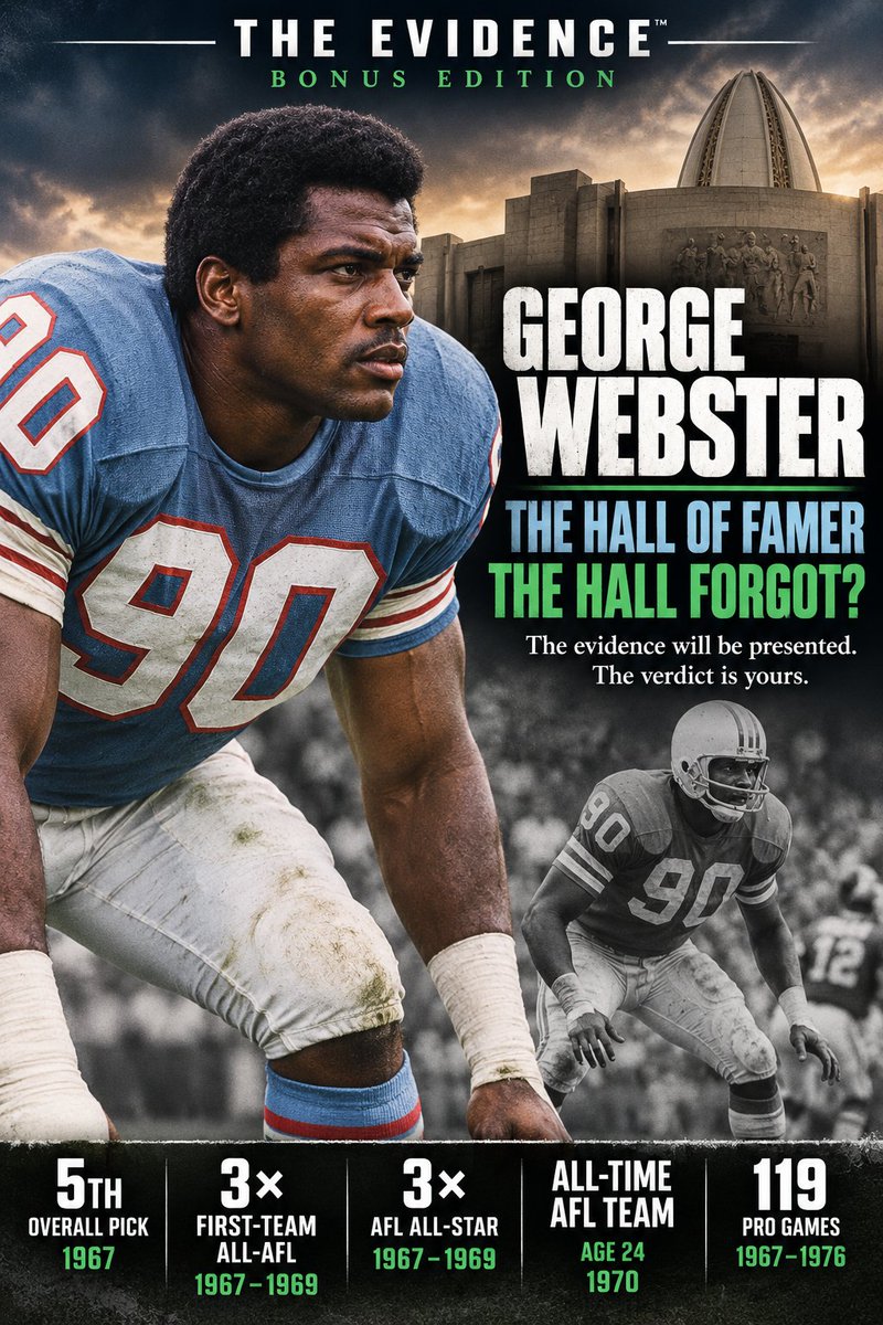 KimWojcinski's tweet photo. THE EVIDENCE™ | BONUS EDITION
GEORGE WEBSTER — THE HALL OF FAMER THE HALL FORGOT?
The evidence will be presented. The verdict is yours.

Some Hall of Fame cases are built on accumulation. Fifteen seasons, hundreds of games, a stack of Pro Bowls and a long run of postseason appearances eventually produce a résumé so broad that the argument becomes almost mathematical. George Webster presents a harder problem: how much demonstrated greatness is enough when injury removes the years that normally convert greatness into longevity?

Houston selected Webster fifth overall in the 1967 common draft after an extraordinary career at Michigan State, where his combination of size, speed and range helped redefine the “roverback” position. At roughly 6-foot-4 and 220 pounds, he carried the tackling ability of a linebacker with the mobility of a defensive back, a combination that would look familiar in today’s game but was highly unusual in the 1960s. Michigan State later retired his No. 90, and Webster entered the College Football Hall of Fame in 1987.

The transition to professional football required virtually no adjustment period. During a 1967 exhibition game against Dallas, Cowboys quarterback Don Meredith completed a pass to Bob Hayes, the Olympic 100-meter gold medalist widely regarded at the time as the fastest man in football. Hayes broke into the open field, yet Webster chased him down from behind and made the tackle. That one play illustrated the extraordinary range Webster brought to linebacker, but speed was only part of his game. He was also remembered for delivering a hit so violent that it flattened a ball carrier’s shoulder pads, a story that became part of his reputation as one of the most physically imposing defenders of the AFL era.

That combination of range and force helps explain the nickname that followed him: “AFL’s Mr. Defense.” It was not a label manufactured decades later by nostalgic fans. Webster began building that reputation immediately. As a rookie in 1967, he started all 14 games, played in the AFL All-Star Game, earned first-team All-AFL honors and collected major rookie awards, including UPI AFL Rookie of the Year and Associated Press AFL Defensive Rookie of the Year.

The following two seasons confirmed that his rookie year had not been an isolated burst. Webster again started every game in 1968 and 1969, returned to the AFL All-Star Game each year and repeated as first-team All-AFL. His reputation also extended beyond the boundaries of his league. Combined AFL-NFL All-Pro selections placed him alongside the finest linebackers in professional football, including Bobby Bell and Dick Butkus, which means contemporary evaluators were not merely identifying Webster as a standout in Houston or even in the AFL. They were placing him among the best defensive players in the sport.

By the end of 1969, Webster had started all 42 regular-season games of his professional career and had earned first-team recognition every year he had been in the league. Then came the judgment that gives his Hall of Fame case its strongest foundation.

On January 14, 1970, with the AFL about to disappear into the completed merger, the Pro Football Hall of Fame released the All-Time AFL Team. The purpose was straightforward: identify the finest players from the league’s entire ten-year history. Webster was selected at linebacker despite having played only the final three seasons of the AFL’s existence. At 24, he was the youngest player on the team.

That selection is difficult to dismiss because it was made while Webster was still playing. The Hall’s selectors were not looking back decades later and reconstructing his reputation. They had watched the AFL from beginning to end and concluded that Webster’s body of work, compressed into only three seasons, was enough to place him among the finest defenders the league had produced.

Then the trajectory changed.

In 1970, Webster suffered serious damage to his left knee and appeared in only seven games. He played 10 games in 1971 after additional ligament trouble, and although he remained in professional football through 1976 with Houston, Pittsburgh and New England, he never again reached the level of recognition that had defined the opening portion of his career. The injury did not end his career immediately, but it altered the physical tools that had made him such an unusual defensive player.

That is where the argument against induction begins, and it is a legitimate one. Three dominant seasons remain three dominant seasons. The Hall of Fame cannot judge a player by the career he might have produced under different circumstances, and football history is filled with athletes whose path toward Canton was interrupted by injury or decline. Webster’s later years did not add another decade of All-Pro football to his résumé.

Yet Canton has already shown that longevity is not an absolute requirement. Gale Sayers played 68 regular-season games before injuries ended his career, and Terrell Davis played 78. Both were eventually enshrined. Their cases are not identical to Webster’s; Sayers possessed a level of offensive brilliance that made him one of the most celebrated players of his generation, while Davis added a league MVP, two Super Bowl championships and a Super Bowl MVP to his résumé. Those differences deserve to be acknowledged.

The relevant point is narrower. The Hall has already accepted the proposition that a player can establish Hall of Fame greatness within a compressed window if the peak is high enough.

Webster played 119 professional games, more than either Sayers or Davis, so the question is not whether an abbreviated career can qualify. Canton has already answered that question. The issue is whether Webster’s peak reached the necessary level.

The contemporary record gives us a strong answer. Webster entered the league and immediately became first-team All-AFL. He repeated the honor in each of the next two seasons, appeared in three consecutive AFL All-Star Games, received recognition on combined AFL-NFL teams, earned the nickname “AFL’s Mr. Defense,” and before his 25th birthday was selected to the All-Time AFL Team. His case rests not on projection but on what professional football had already decided about him while he was healthy.

Hall of Fame defensive lineman Elvin Bethea, who played beside Webster in Houston, later described him as one of the greatest linebackers ever to play professional football and as a prototype for the fast, rangy linebackers who followed. That testimony fits the available record. Webster was large enough to deliver punishing hits, fast enough to run down Bob Hayes and versatile enough to perform responsibilities that would later become standard for hybrid defenders.

The contradiction therefore remains.

In 1970, Hall of Fame selectors looked across the entire history of the American Football League and decided that George Webster already belonged among its greatest players. More than half a century later, the Hall itself has never extended that judgment to enshrinement.

Perhaps three elite seasons are still not enough. Perhaps voters believe his post-injury years failed to add sufficient weight to the opening chapter of his career. But that explanation leaves Canton with a question of its own: if Webster had already done enough by age 24 to be named to the All-Time AFL Team, what exactly became insufficient afterward?

George Webster died in 2007. He is no longer here to make his own case, and that is precisely why the record has to speak for him now. The danger is not that his accomplishments were never recognized; they were. The danger is that, as the years pass and fewer people remember seeing him play, one of the most dominant young defenders of the AFL era becomes little more than a name in an old record book.

I refuse to let that happen to George Webster.

His case does not require invented statistics, hypothetical championships or imagined All-Pro seasons. It rests on the record he actually produced before the knee injury altered his trajectory. By then he had already been judged one of the finest defenders of his league, one of the best linebackers in professional football and one of the greatest players in AFL history.

George Webster’s career was shortened at its highest point, but the evidence of greatness was already there. The youngest member of the All-Time AFL Team remains outside the building whose own selectors helped make the case for putting him inside, and whether Canton ever corrects that omission or not, his greatness should not be allowed to disappear with time.

George Webster is gone. His greatness is not.

The evidence has been presented. The verdict is yours.