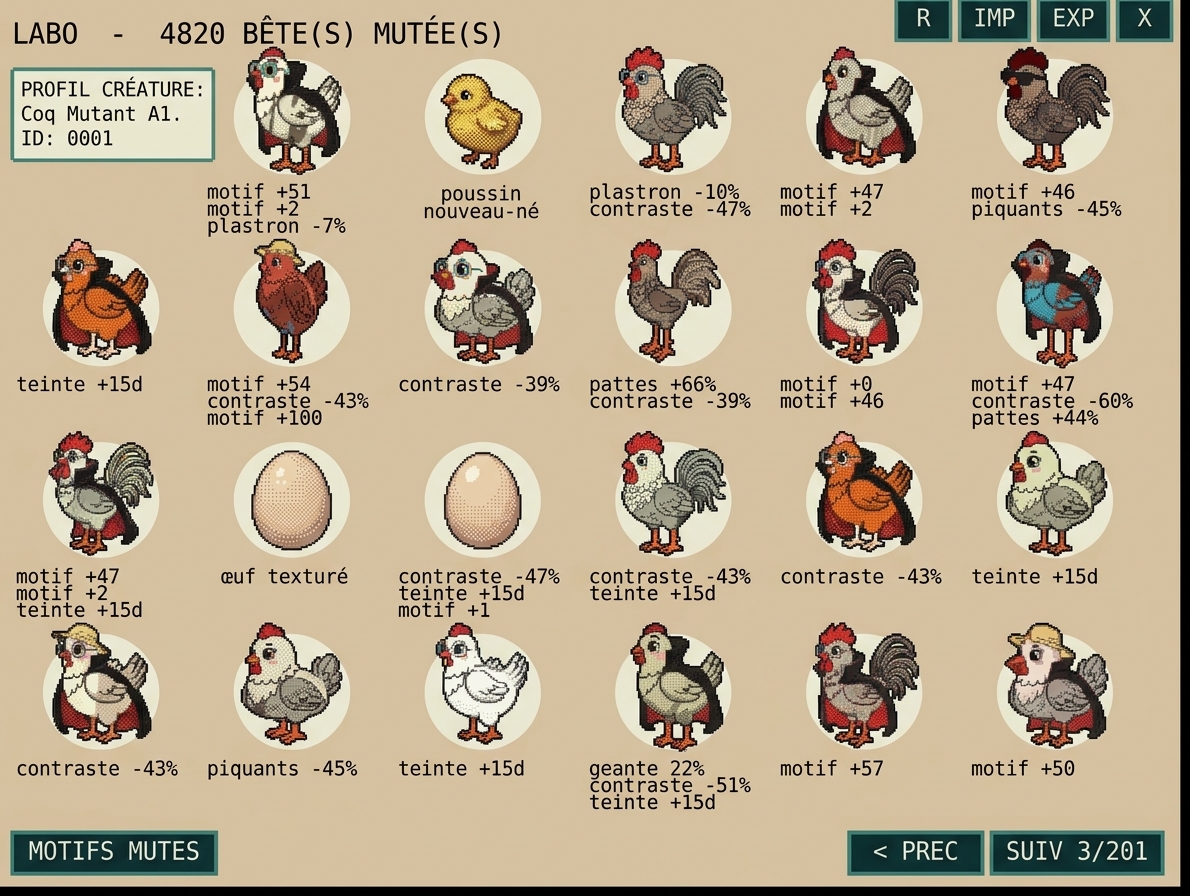 hodler_btc's tweet photo. My mutant chicken flock in Genetics Chicken! Full herd with heredity, genetic mutations & unique color traits. Hens, Roosters – breeding the wildest pixel poultry 🐔📷<📷📷#MutantChicken #DragonHen #IndieGame #ChickenGenetics https://t.co/AVkbeL6dJQ