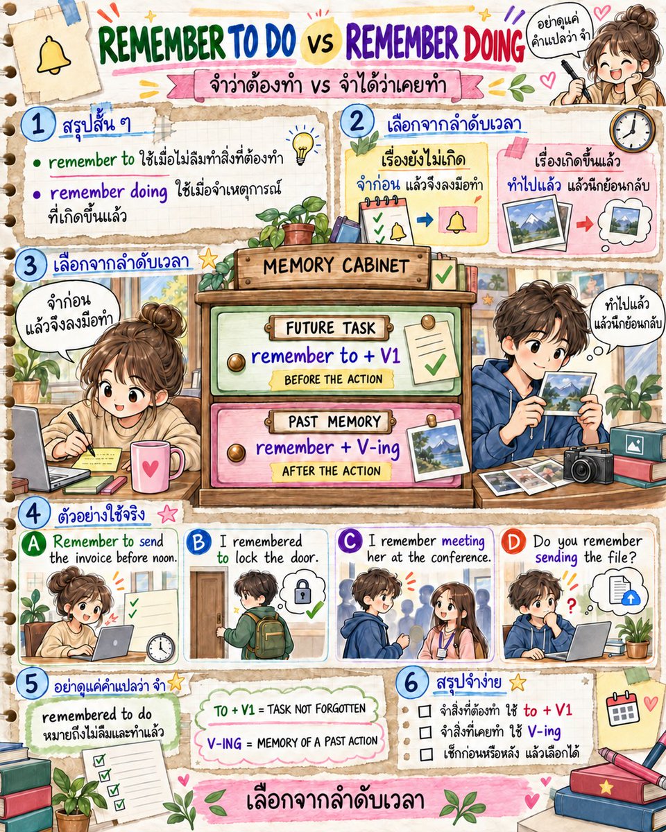 EngnowThailand's tweet photo. remember to + V1 คือจำสิ่งที่ต้องทำ ส่วน remember + V-ing คือจำเหตุการณ์ที่ทำไปแล้ว ถามตัวเองว่า จำก่อนทำ หรือทำแล้วจึงจำ #Engnow #EnglishGrammar https://t.co/XNBtcz2xu2