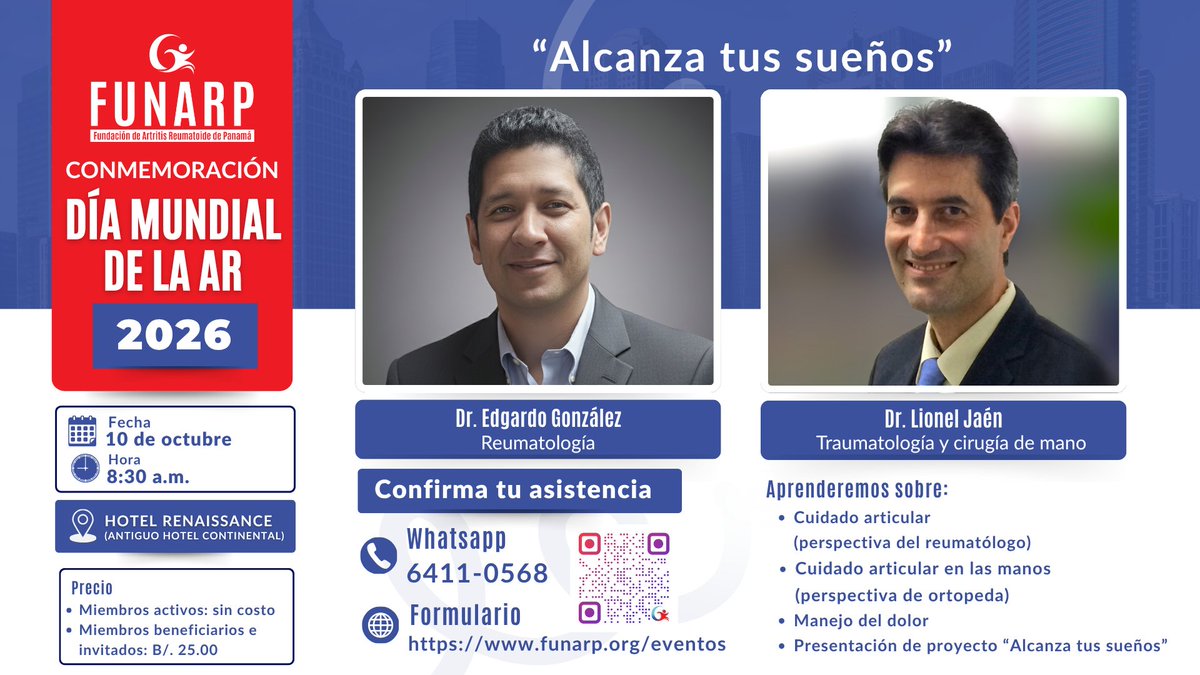 FUNARP's tweet photo. La artritis reumatoide afecta la movilidad y la calidad de vida de miles de panameños. Más información y acceso a especialistas salvan articulaciones. 🦴
📅 10 oct | 8:30 a.m. | Hotel Renaissance
📲 https://t.co/6uOLLnDKhF
#WAD2026 #AlcanzaTusSueños #Funarp https://t.co/EOaL8uGOvJ