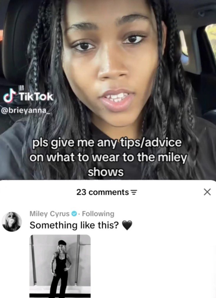 mileyrevobr's tweet photo. 🚨 SONHO??? NÃO ME ACORDE!!!

MILEY ESTÁ COMENTANDO EM POSTS DE FÃS NO TIKTOK (IGUAL 2020) 

Fã: Por favor me deem dicas/conselhos do que usar nos shows da Miley

Miley: Alguma coisa tipo…assim? 🖤 https://t.co/ANcNo3WAOS