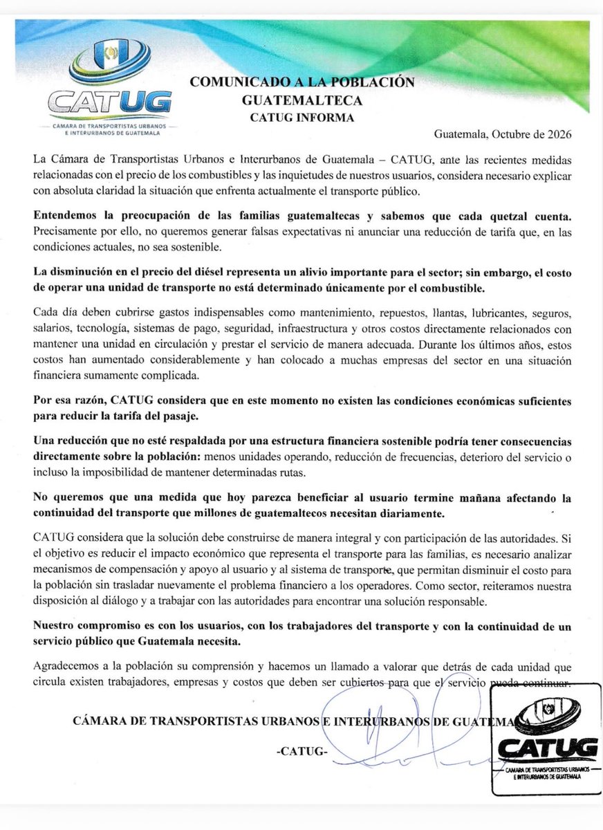 GtLiberal's tweet photo. La Cámara de Transportistas Urbanos e Interurbanos de Guatemala #CATUG  informó que la suspensión temporal de impuestos a combustibles representa alivio para el sector, pero aún no existen condiciones para reducir la tarifa de transporte público, porque los costos de operación continúan siendo elevados.