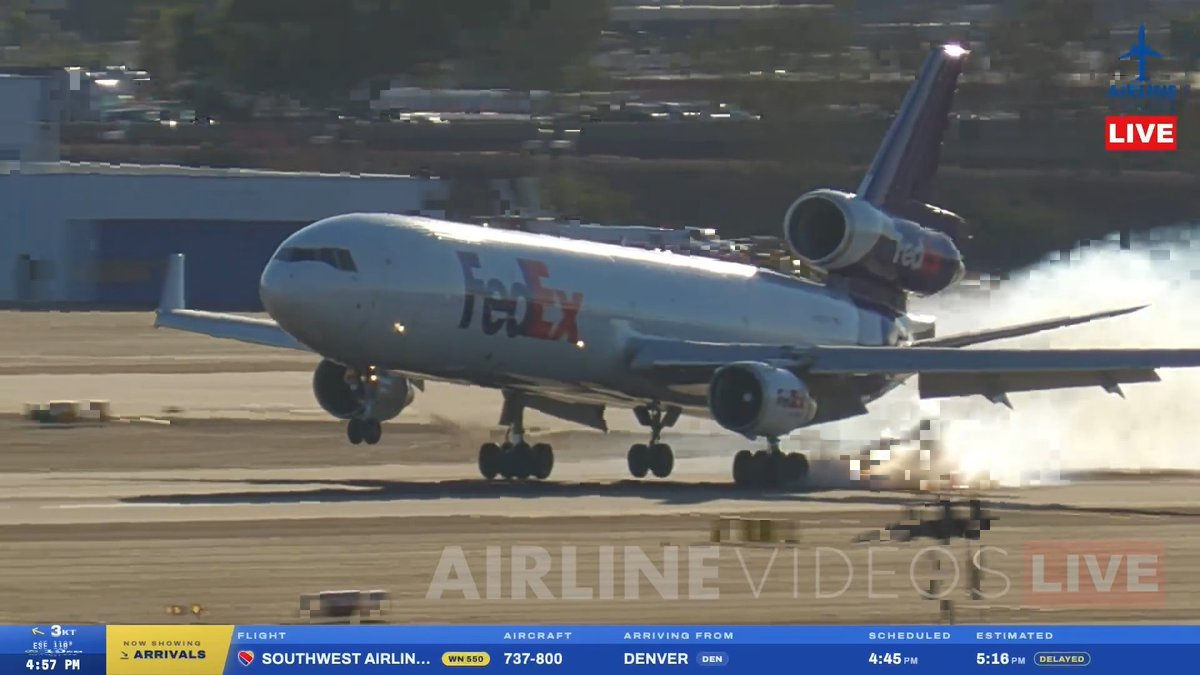 A live 'Airline Videos Live' broadcast showing a FedEx cargo plane (a McDonnell Douglas MD-11) landing on a runway with smoke trailing its tires, alongside a flight arrival ticker showing a delayed Southwest Airlines flight from Denver.