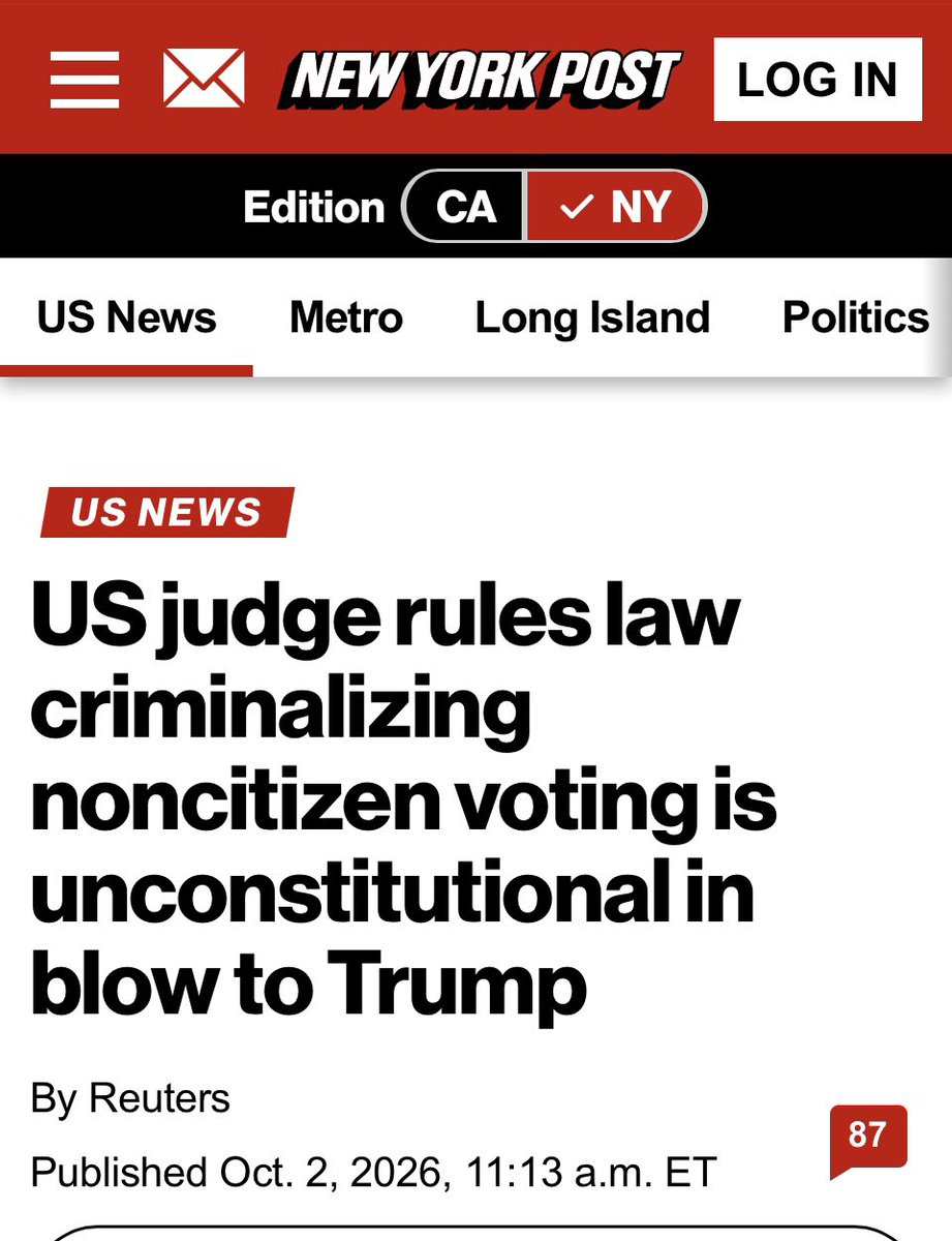 BasedMikeLee's tweet photo. First leftist senators blocked the SAVE America Act, insisting that “noncitizens don’t vote.”

Now leftist judges are trying to invalidate the federal law prohibiting noncitizen voting.

If you find this unacceptable, vote for Republicans in November. https://t.co/IDWOgcbxdh