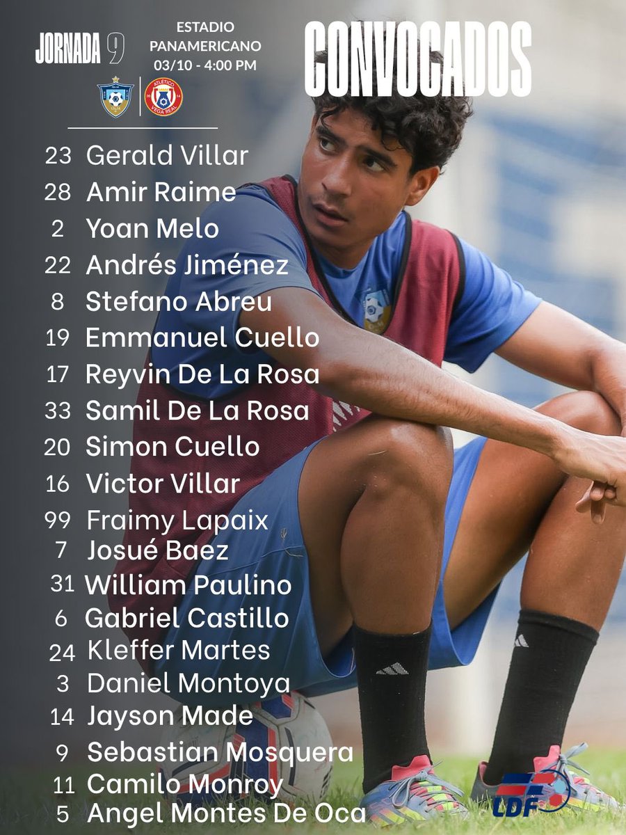 oym_fcrd's tweet photo. ¡CONVOCADOS! ⚽🔥🔵🟡
✅ Estos son los convocados por el entrenador Andrés Urán para la Jornada 9️⃣ del Torneo Apertura LDF 2026 ⚽🏆📝
🆚 @atlvegareal
⏰ 4:00PM
🏟️ Estadio Panamericano
#universidadoym #repdom #fuerzadorada #familiaomeyana https://t.co/mJ8n7M9TsX