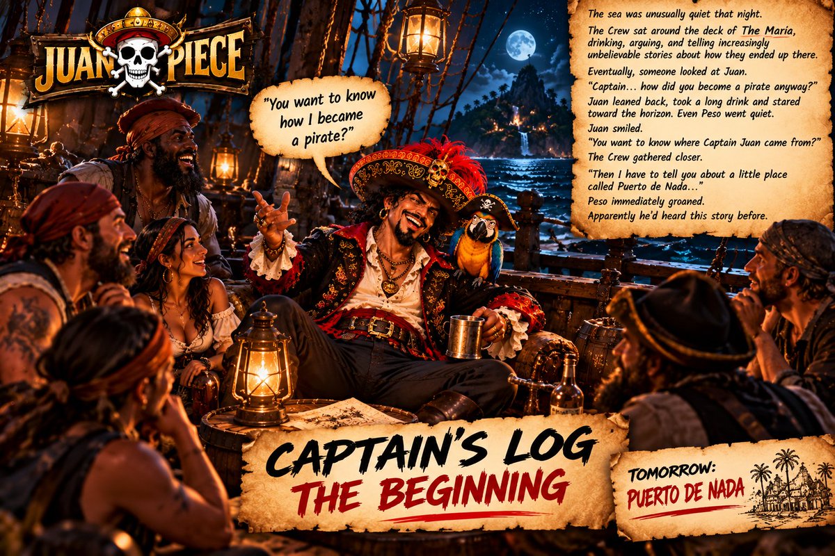 JuanPiecePulls's tweet photo. 🏴‍☠️ THE STORY OF JUAN PIECE — CHAPTER 1

The sea was unusually quiet that night.

The Crew sat aboard The María, drinking and telling stories when someone finally asked:

“Captain… how did you become a pirate anyway?”

Juan leaned back and smiled.

“You want to know where Captain Juan came from?”

Even Peso groaned.

“Then I have to tell you about Puerto de Nada…”

🧵 The story begins below.