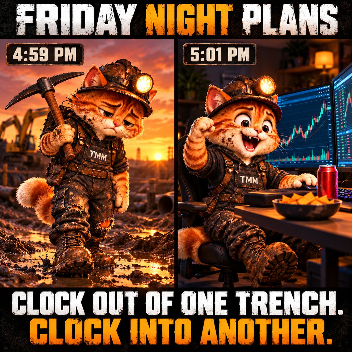 trenchmademilli's tweet photo. The boots came off. The hard hat stayed on.

Friday night plans with Milli. 🐈⛏️

$TMM | Keep Digging https://t.co/zSemZysdF5