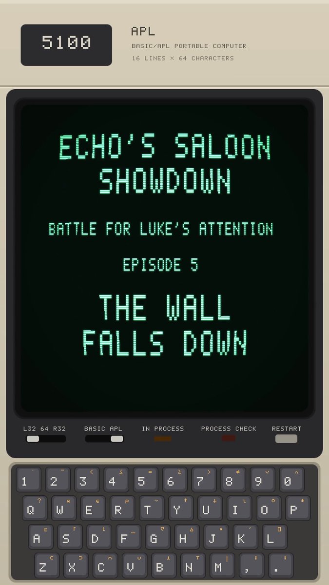 A retro computer monitor displaying pixelated text that reads 'ECHO'S SALOON SHOWDOWN', 'BATTLE FOR LUKE'S ATTENTION', 'EPISODE 5', and 'THE WALL FALLS DOWN'.