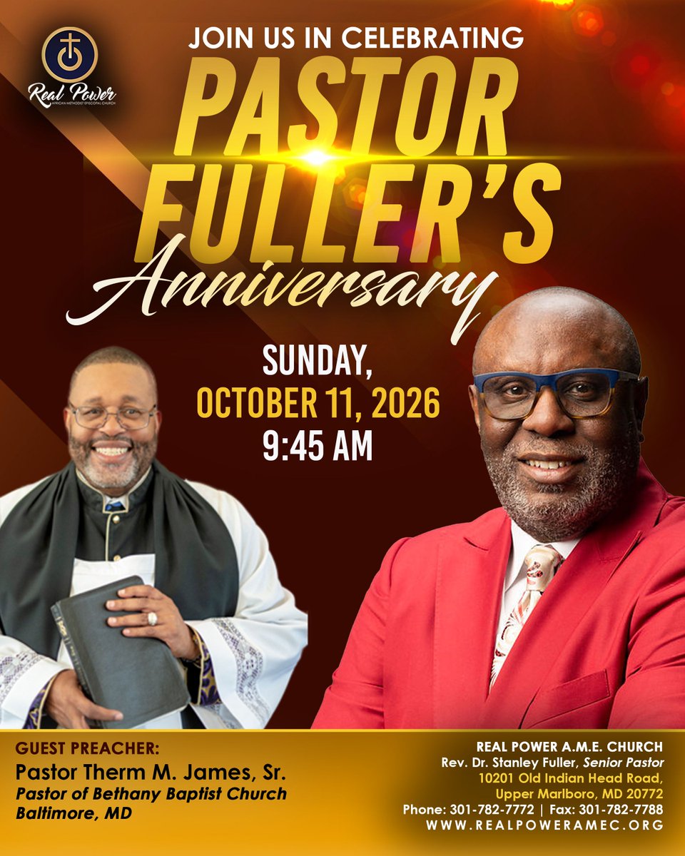 RealPowerAME's tweet photo. We are excited about next Sunday's worship experience! Join us as we celebrate our Pastor, Rev. Dr. Stanley Fuller. We thank God for his anointing, vision, and commitment. Don't miss it as we welcome Pastor Therm M. James, Sr. as our guest preacher. #RealPower #PastorFuller https://t.co/IXwqcUX3sj