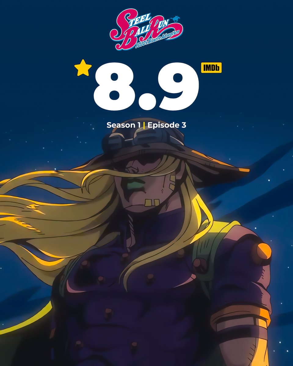 AnimeSpotlightt's tweet photo. 🚨 BREAKING 🚨

'JoJo's Bizzare Adventure: STEEL BALL RUN' Episode 3 debuts with an 8.9/10 on IMDb 🔥 https://t.co/cn7AIfHb83