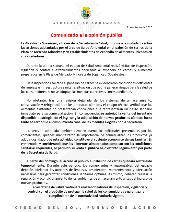 CaracolRadioTun's tweet photo. #Sogamoso restringirá desde el domingo el acceso al pabellón de carnes de Sogabastos, tras detectar deficiencias de limpieza e infraestructura. Se permitirá vender el inventario existente, pero no ingresar nuevos productos hasta cumplir las exigencias sanitarias. @AlcSogamoso https://t.co/wiiK45ctMa