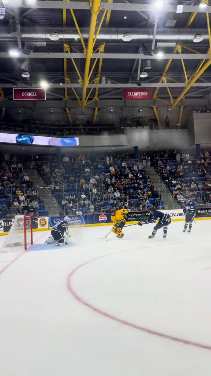 An indoor ice hockey game in progress, showing players in yellow and black jerseys near the goal, with banners for Cornell and St. Lawrence visible hanging from the arena ceiling above a crowd of spectators.