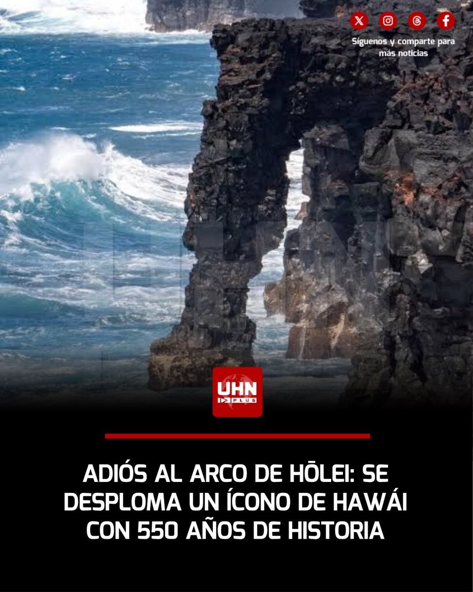 UHN_Plus's tweet photo. 🇺🇸‼️ | Un ícono de Hawái ya no existe. El arco marino de Hōlei, una formación de lava de unos 27 metros de altura en el Parque Nacional de los Volcanes, se desplomó en el océano Pacífico tras 550 años en pie. https://t.co/NbT9Clsbdy