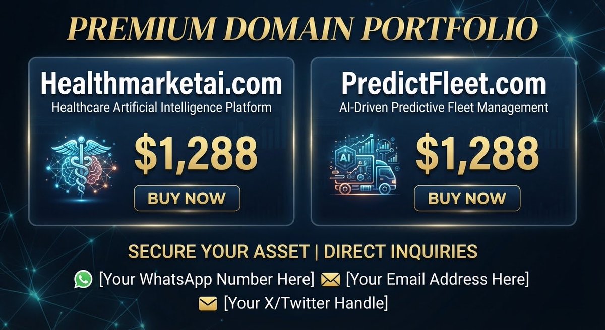 Nassimemohamed1's tweet photo. π PREMIUM DOMAIN SALE
πΉ https://t.co/YA8oXDebDi β $1,288
πΉ https://t.co/2LZFs2HqJm β $1,288
π² Direct Inquiries via WhatsApp: +212667295885
π Fast transfer & instant ownership handover.
#DomainsForSale #DomainNames #AI #Tech #Startup #ListYourDomain #Domains #Health https://t.co/JWCjyOAwEB