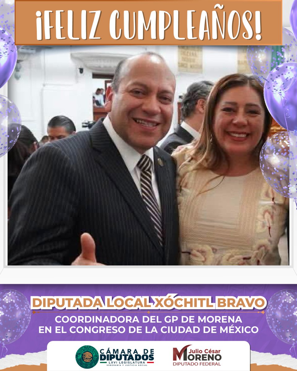 julioc_moreno's tweet photo. Muchas felicidades, querida amiga y diputada @XochitlBravoE , por tu cumpleaños. 🎉

Te deseo mucha salud, alegría y éxito en este nuevo año de vida. Que sigamos coincidiendo y trabajando de la mano por la transformación de nuestra Ciudad y por el bienestar de las y los capitalinos.

¡Te mando un fuerte abrazo y mis mejores deseos siempre! 💐🎂
#JCM Ver menos