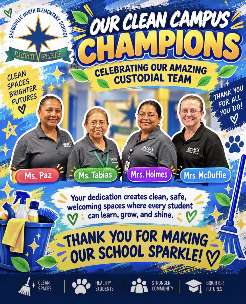 PrincipalSingl2's tweet photo. A huge THANK YOU to all of the hardworking custodians across the Seagoville Feeder Pattern! 💙 Your dedication and hard work do not go unnoticed. We appreciate all you do each and every day! 🌟🙌🏼👏🏼 https://t.co/1NoQICJvWX