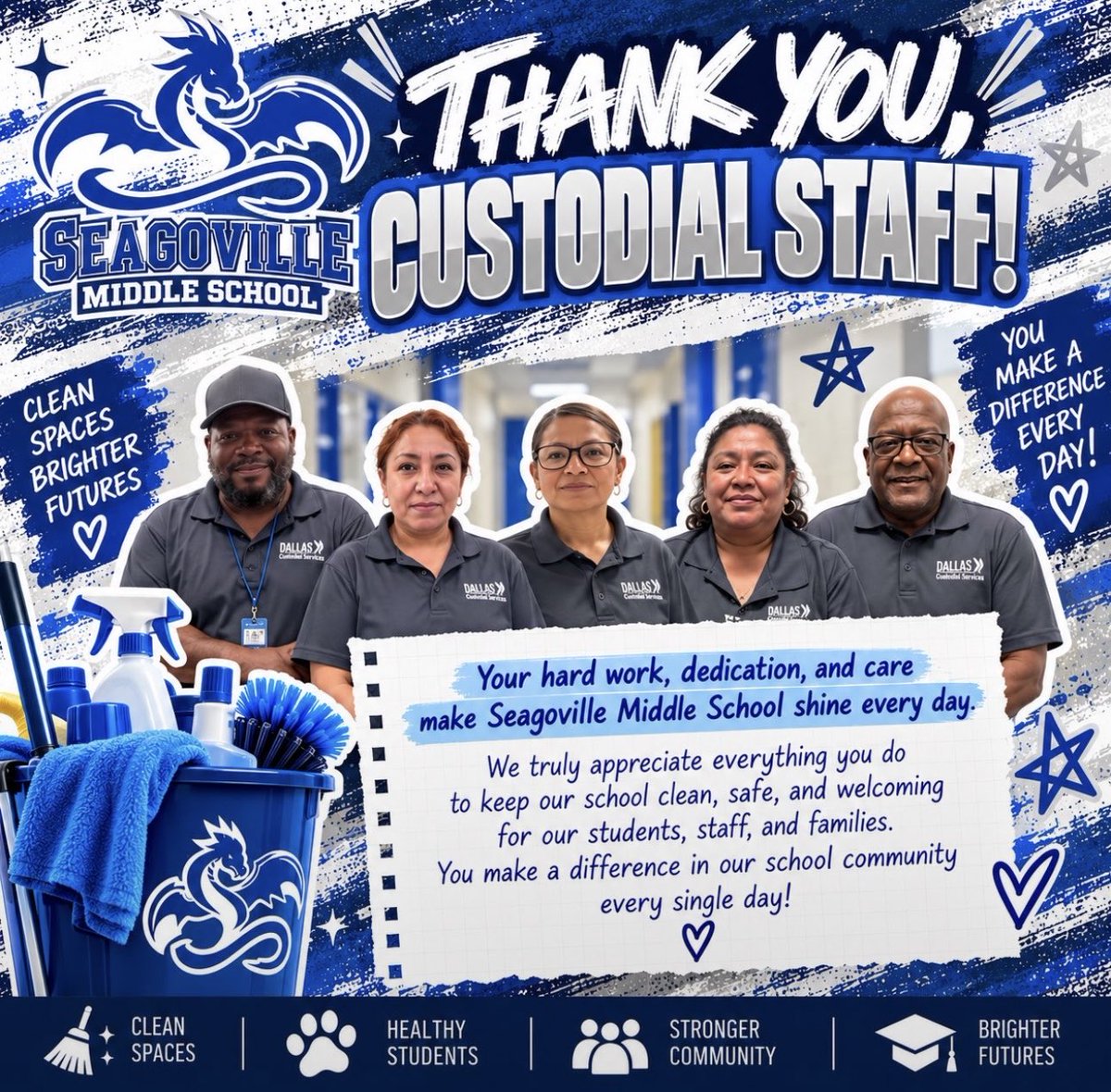 PrincipalSingl2's tweet photo. A huge THANK YOU to all of the hardworking custodians across the Seagoville Feeder Pattern! 💙 Your dedication and hard work do not go unnoticed. We appreciate all you do each and every day! 🌟🙌🏼👏🏼 https://t.co/1NoQICJvWX
